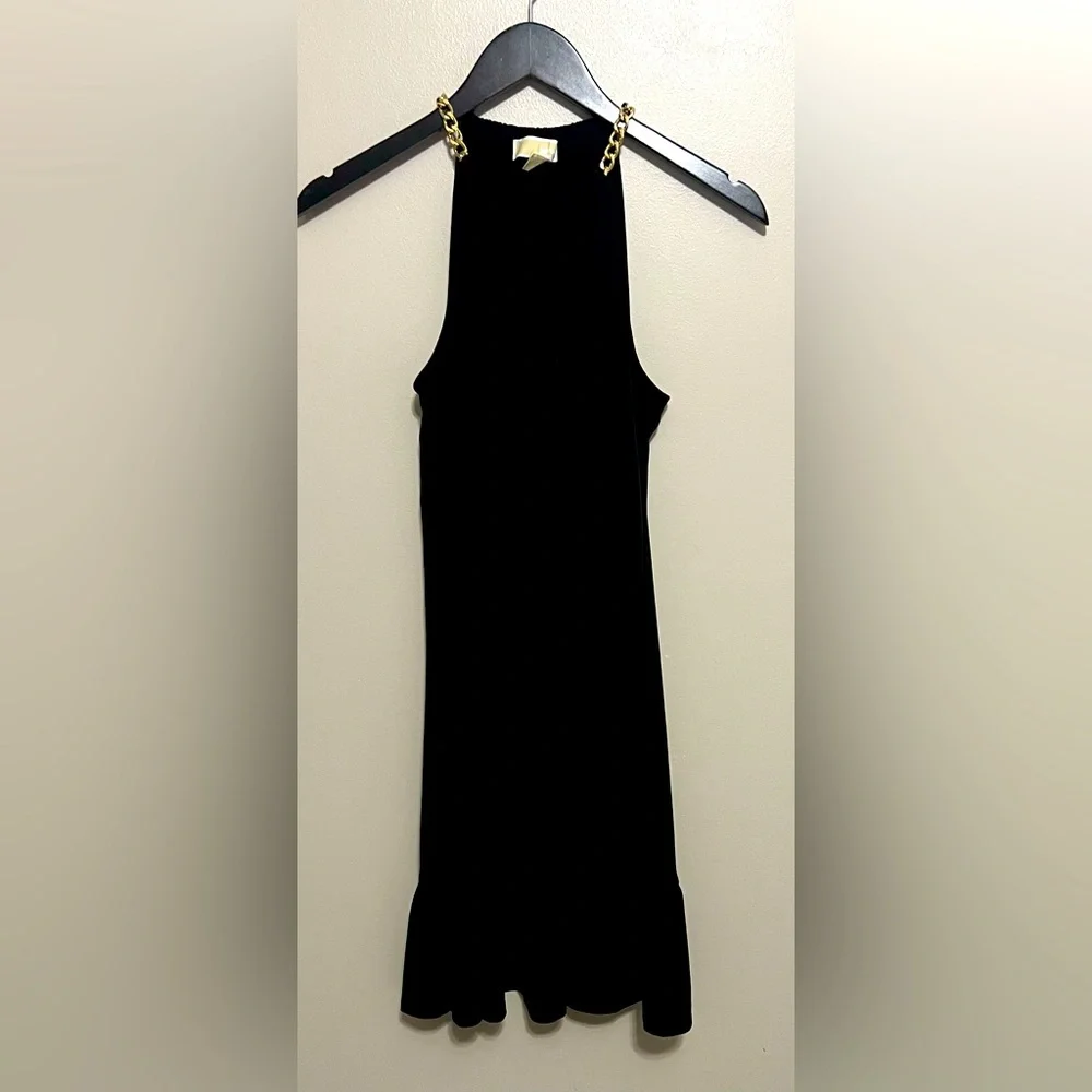 Michael Michael Kors Gold Chain Tank Black Ruffle Trim Mini Dress Size Small